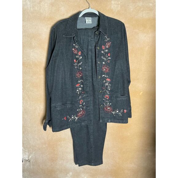 Allison Daley Denim Jacket & Pants Set Floral Embroidered Women's Outfit - Picture 1 of 12